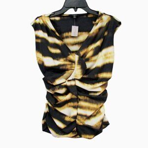 Ann Taylor Petite Animal Print Ruched Ruffle Front Top Sz 4P Sleeveless New Tag